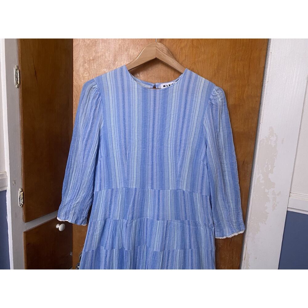Rixo Kristen Blue Stripe Cotton Midi Maxi Tiered Peasant Dress Cottage Sz 10 - Picture 3 of 8